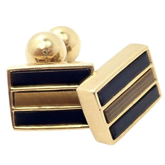 Rare Vintage Tiffany & Co. 18k Yellow Gold Classic Onyx Tiger Eye Cufflinks - Picture 4 of 12